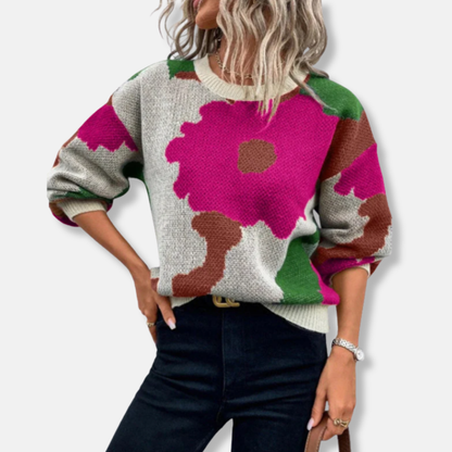 Romane Laine Sweater Relaxed Fit à Manches Ballon Sweater | Abstract Floral Sweater