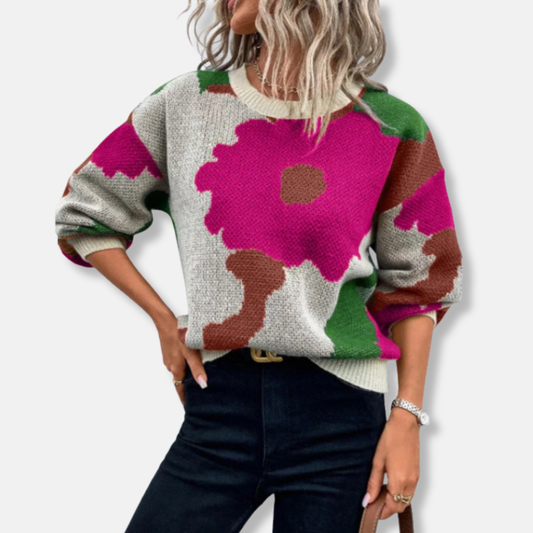 Romane Laine Sweater Relaxed Fit à Manches Ballon Sweater | Abstract Floral Sweater