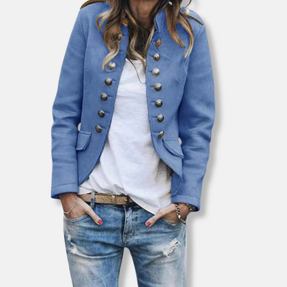 Femme Blazer - Tissu Tissé Mélangé - Col Mao - Double Boutonnage - Épaulettes