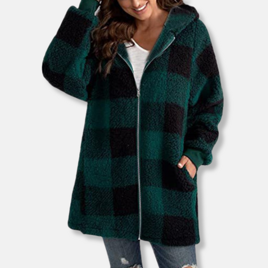 Sweat à capuche femme – Coupe oversize – Maille duveteuse – Motif à carreaux – Zippé