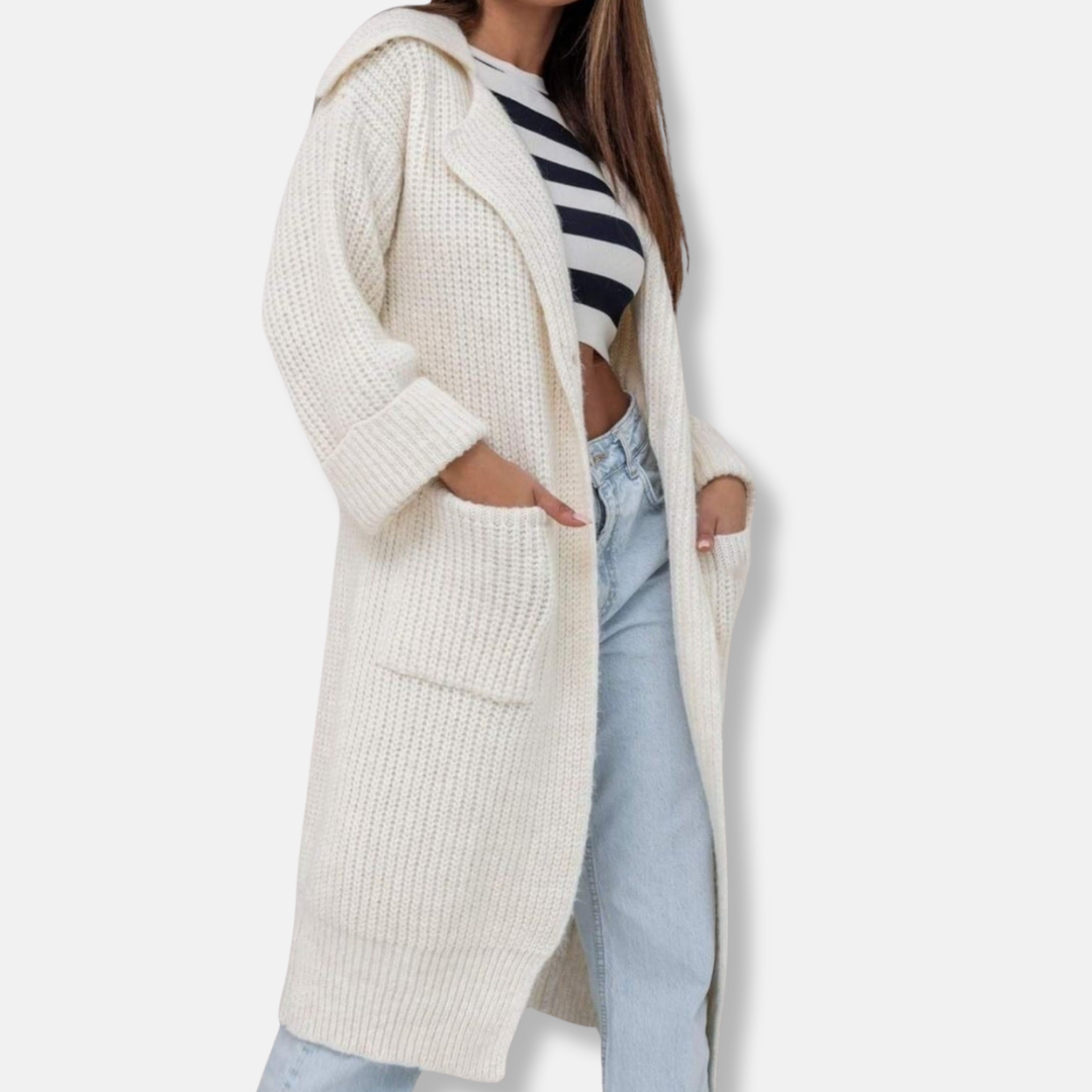 Manteau long femme – Tricot épais – Coupe oversize – Capuche – Poches avant