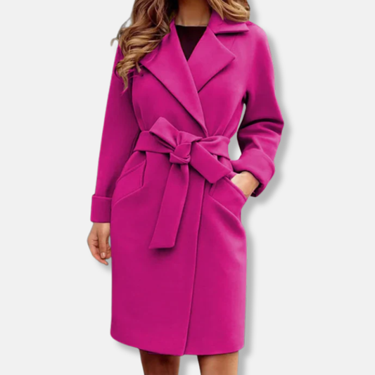 Manteau trench femme – Coupe cintrée – Effet laine – Ceinture nouée – Col à revers