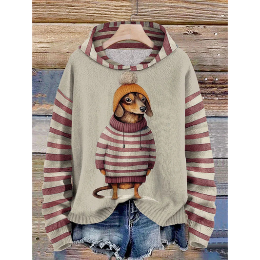 Sweat à capuche femme – Coupe décontractée – Toucher duveté – Motif chien cartoon – Manches rayées