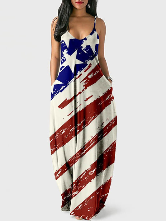 Robe maxi sans manches à imprimé drapeau vintage pour femme