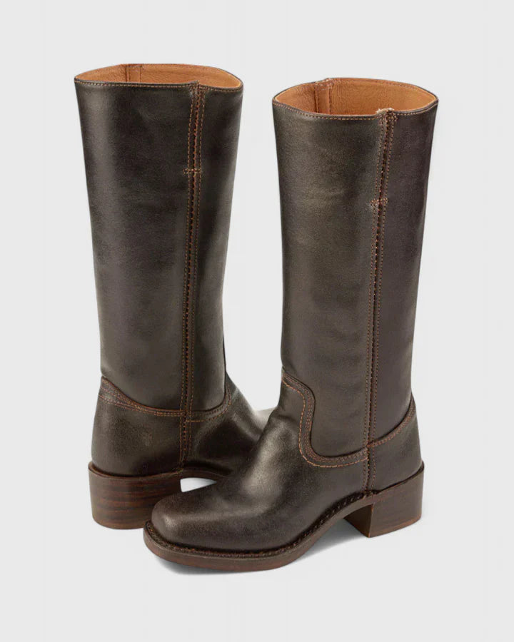 Femme Bottes - Cuir - Tige Haute - Talon Bloc Empilé - Bout Amande