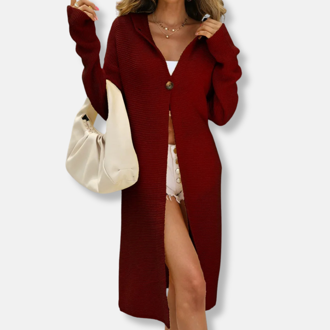 Femme Cardigan - Maille Côtelée - Capuche - Manches Longues - Longueur Mi-Cuisse