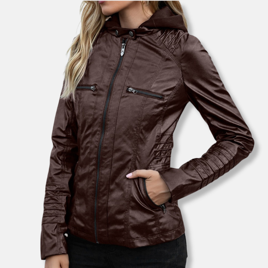 Veste en cuir femme – Coupe slim – Capuche – Poches zippées – Longueur taille