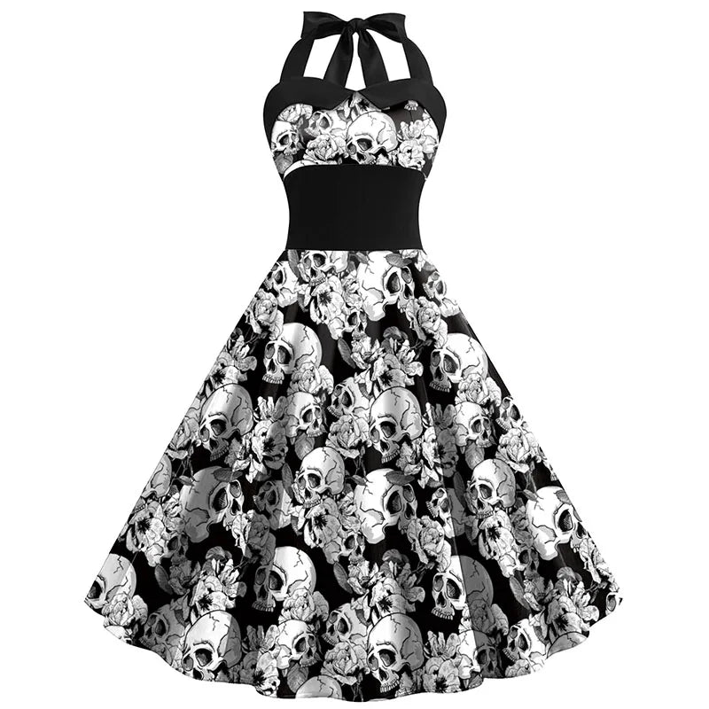 Robe midi femme – Encolure licou – Imprimé floral crâne – Taille cintrée – Jupe évasée