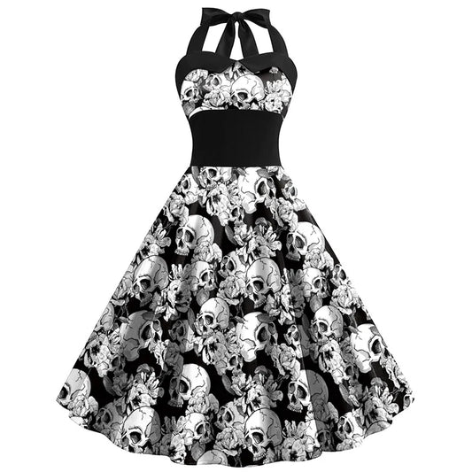 Robe midi femme – Encolure licou – Imprimé floral crâne – Taille cintrée – Jupe évasée