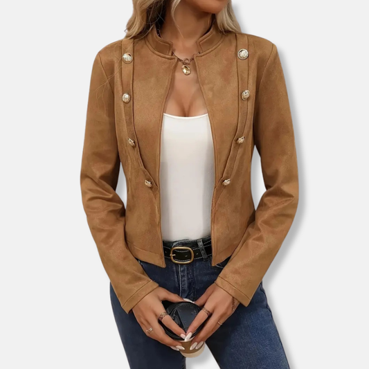Veste femme – Coupe cintrée – Col mao – Double boutonnage – Longueur courte