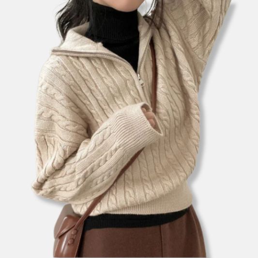 Romane Coton Zip-Up Hooded Sweater | Relaxed Fit Cable Knit Sweater