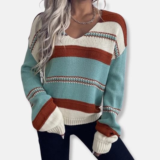 Femme Pull - Maille Moyenne - Coupe Décontractée - Col V - Manches Longues Rayées