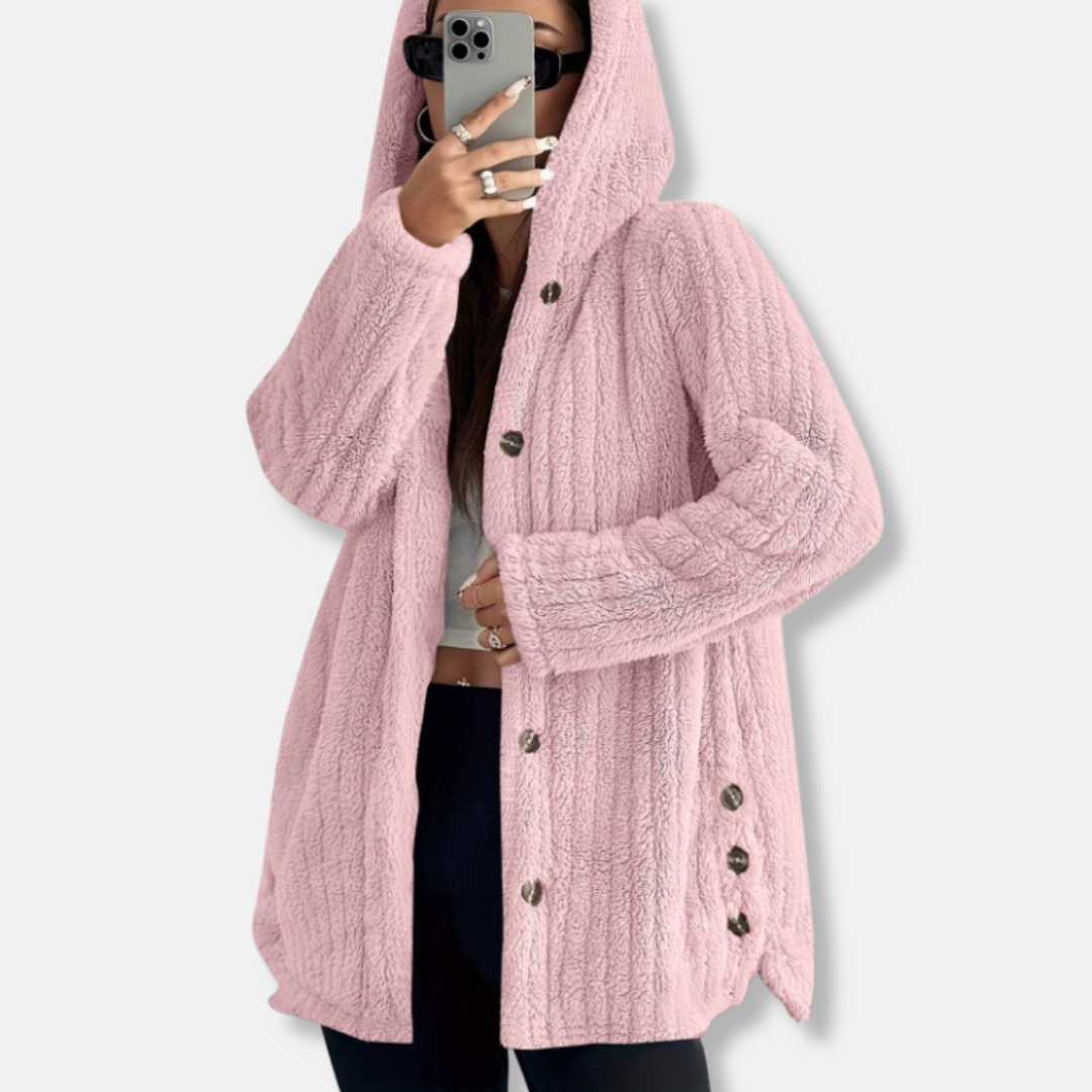 Manteau femme à capuche – Coupe ample – Boutonné – Tissu doux effet peluche