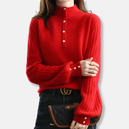 Femme Pull - Laine Mélangée - Col Montant - Manches Bouffantes Longues