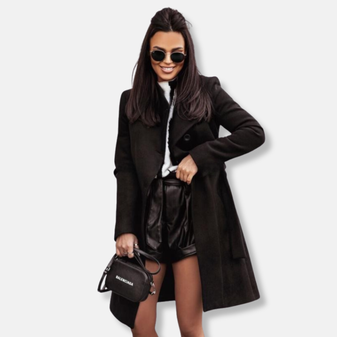 Femme Manteau - Laine Mélangée - Col Mao - Double Boutonnage - Longueur Genou