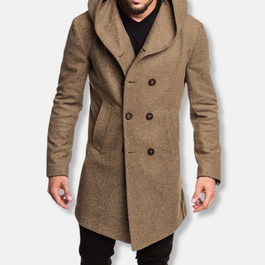Homme Manteau - Laine Mélangée - Coupe Slim - Col Capuche - Longueur Mi-Cuisse
