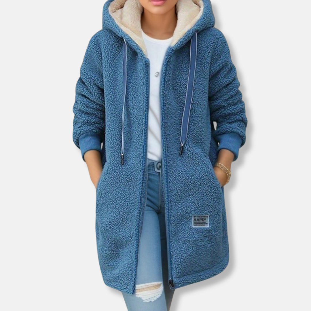 Veste mi-longue femme – Coupe oversize – Effet peau lainée – Capuche zippée