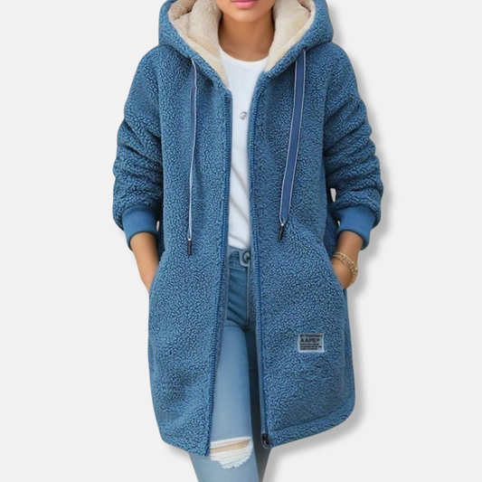 Veste mi-longue femme – Coupe oversize – Effet peau lainée – Capuche zippée