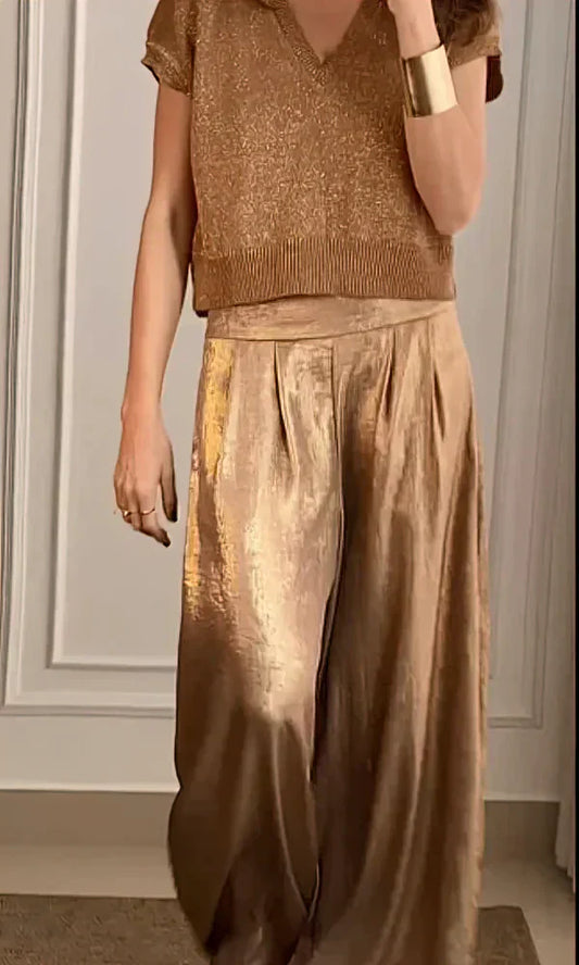 Ensemble Femme Deux Pièces – Haut Maille Coupe Ample – Pantalon Large Satiné