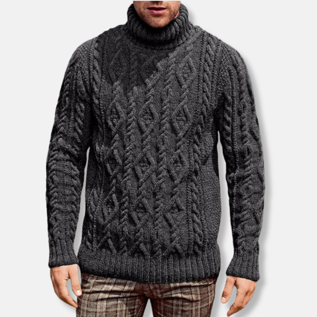 Homme Pull - Laine Mélangée - Col Roulé - Coupe Décontractée - Motif Torsadé