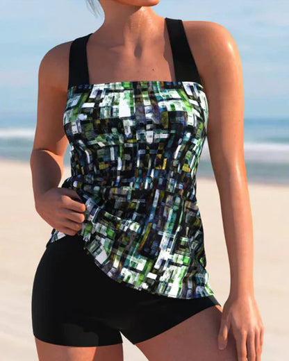Tankini femme – Haut fluide à imprimé – Short couvrant – Tissu respirant extensible