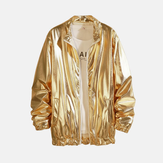Veste homme – Coupe ample – Finition brillante – Sans col – Fermeture zippée