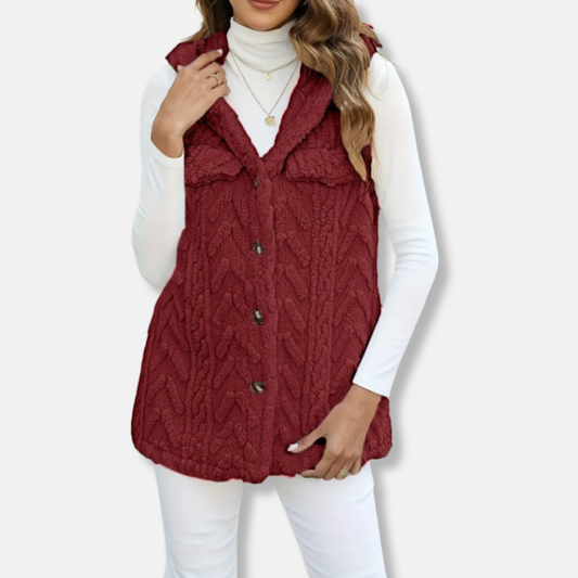 Gilet sans manches à capuche femme – Maille duveteuse – Coupe ample – Boutonné – Poches poitrine
