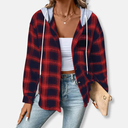 Femme Veste-chemise à Capuche - Coton - Coupe décontractée - Manches longues - Motif à Carreaux