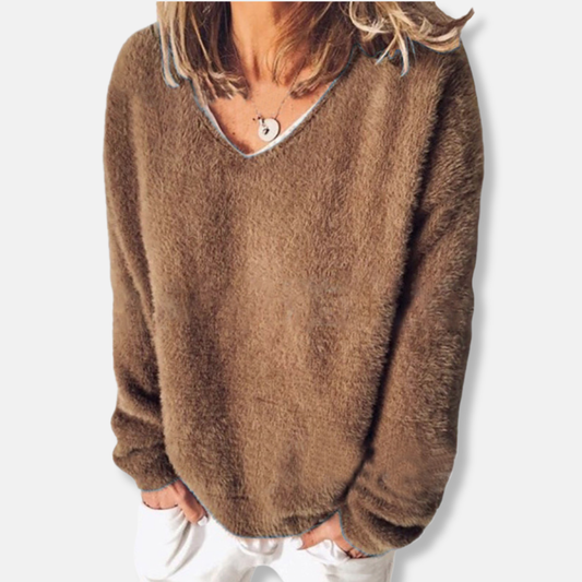 Femme Sweatshirt - Maille Pelucheuse - Coupe Décontractée - Col V - Manches Longues