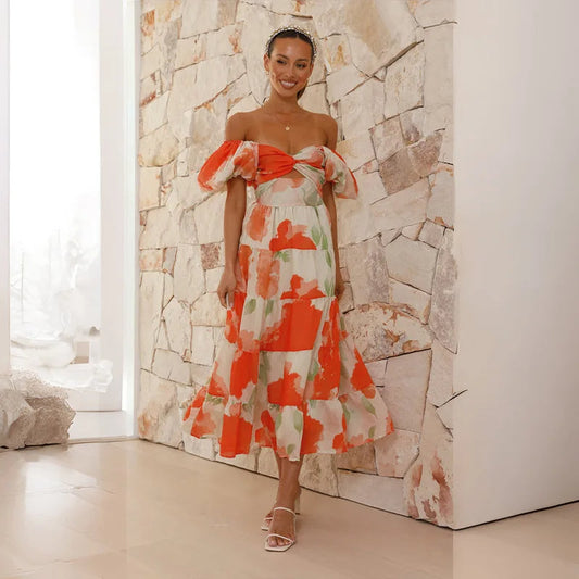 Robe Femme - Épaules Dénudées - Manches Bouffantes - Imprimé Fleuri - Coupe Fluide Midi