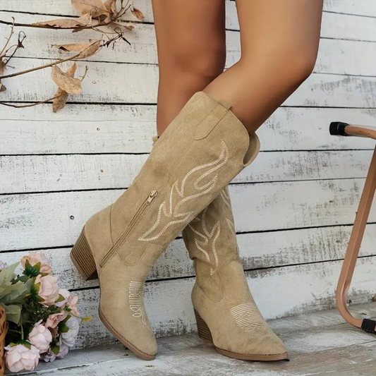 Bottes cowboy femme – Genou – Effet suédé – Tige brodée – Bout pointu – Fermeture zip