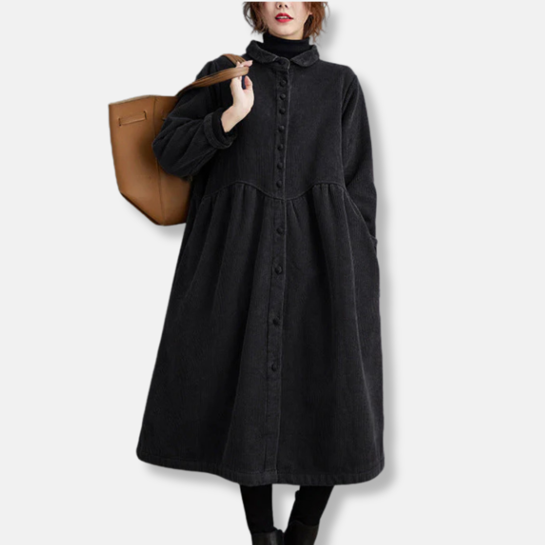 Femme Manteau - Velours Côtelé - Coupe évasée - Col montant - Longueur midi