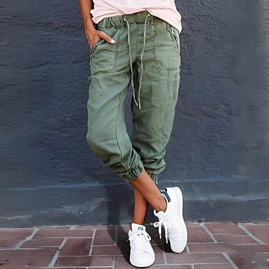 Pantalon cargo femme – Coupe décontractée – Taille élastique – Poches utilitaires