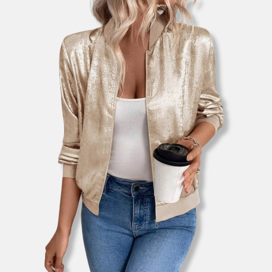 Blouson bomber femme – Finition satinée brillante – Coupe décontractée – Ourlets côtelés – Fermeture zippée