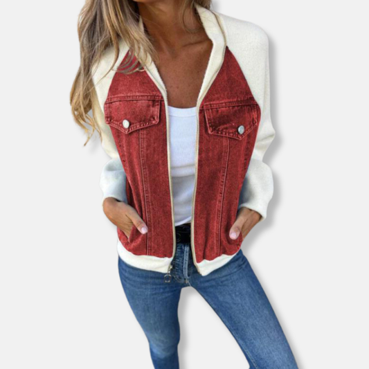 Blouson femme – Style bomber – Laine mélangée – Empiècements denim – Coupe droite