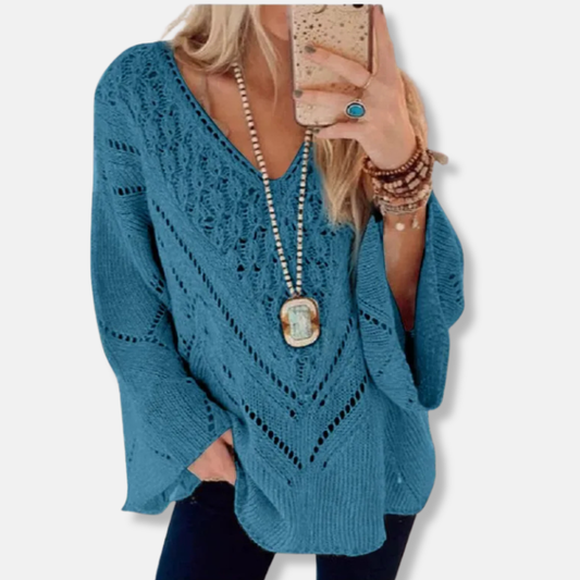 Pull femme – Coupe ample – Maille crochet – Manches évasées – Col en V