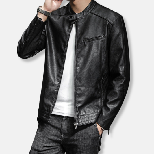 Blouson biker homme – Coupe slim – Cuir aspect lisse – Col officier – Poches zippées