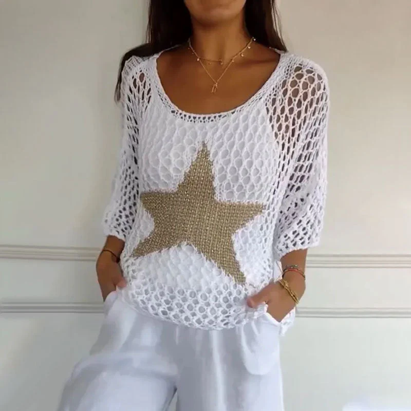 Top court femme – maille ajourée – coupe ample – manches 3/4 – col rond étoile