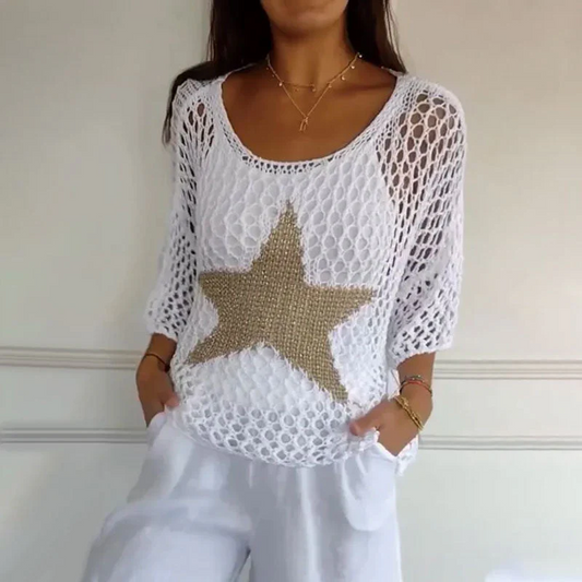 Top court femme – maille ajourée – coupe ample – manches 3/4 – col rond étoile