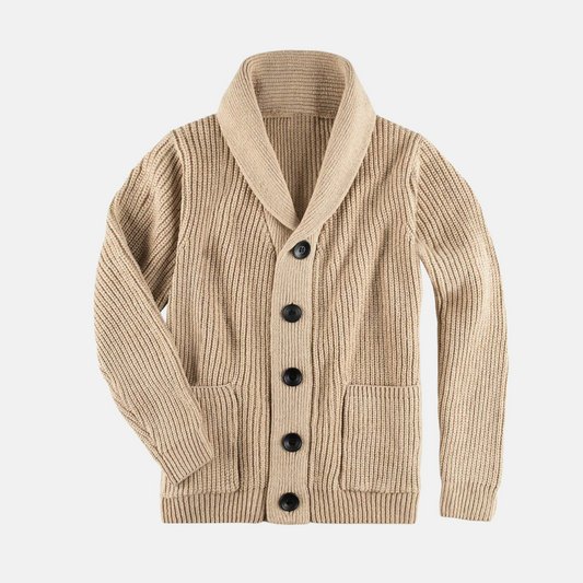 Homme Cardigan - Maille Côtelée - Col Châle - Manches Longues - Coupe Regular - Poches Plaquées