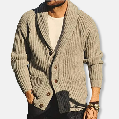 Homme Cardigan - Maille Côtelée - Coupe Slim - Col Châle - Poches Plaquées