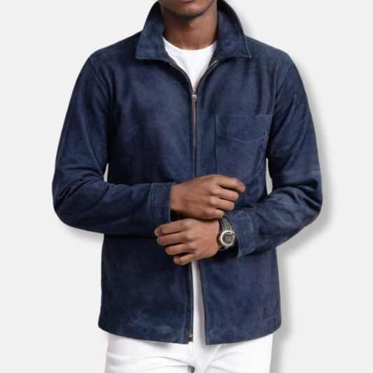 Veste homme – Coupe slim – Suédine – Col montant – Fermeture zippée – Style décontracté