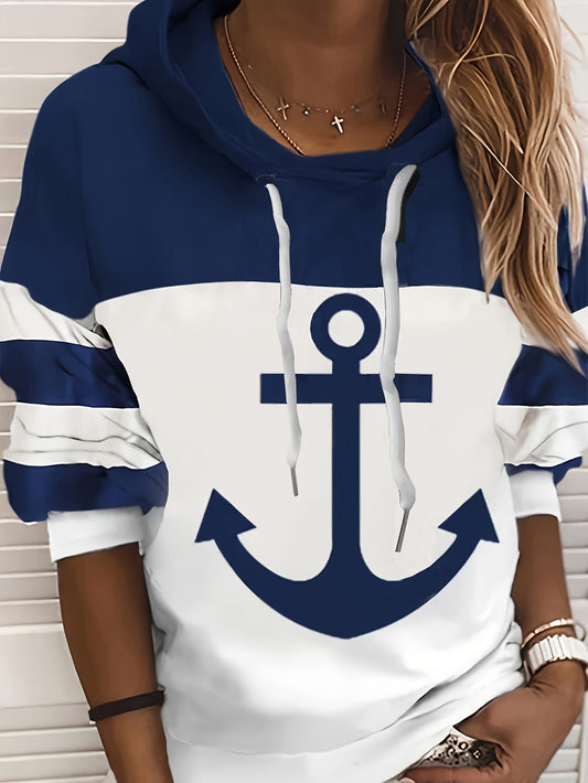 Sweat à capuche femme – Coupe décontractée – Toucher coton – Imprimé ancre – Colorblock