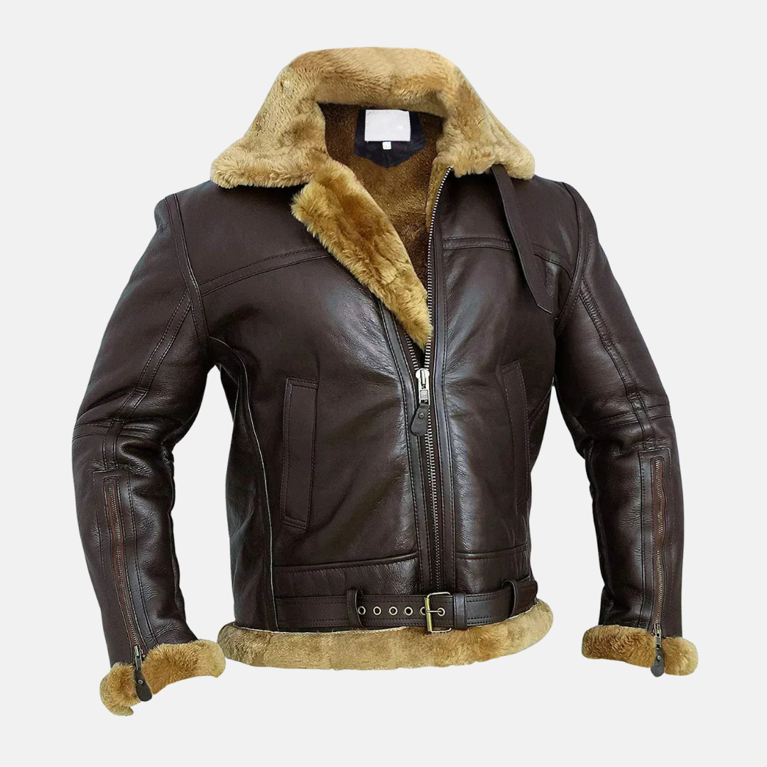 Blouson bomber homme – Cuir shearling véritable – Coupe oversize – Col à boucle
