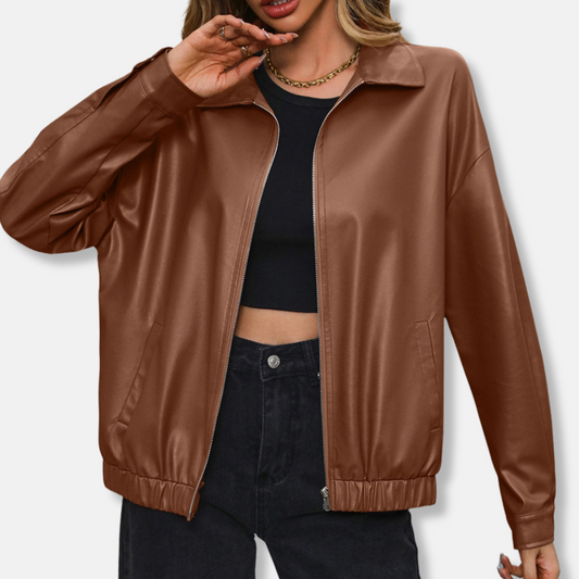 Veste motard femme – Similicuir – Coupe décontractée – Cropped – Zip frontal