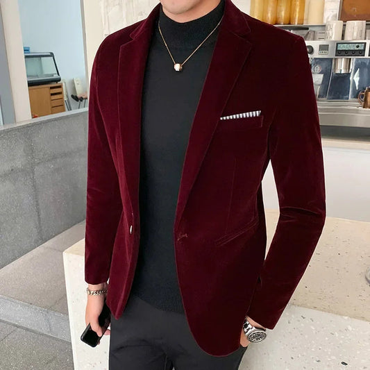 Blazer homme – Coupe slim – Velours luxueux – Fermeture un bouton – Style formel structuré