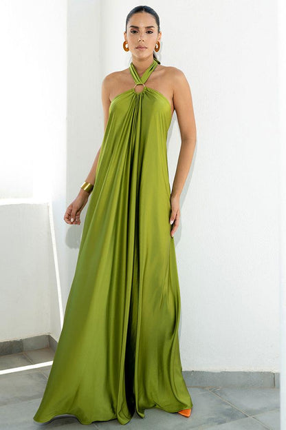 Robe maxi en satin à col halter pour femmes - Élégante et sophistiquée