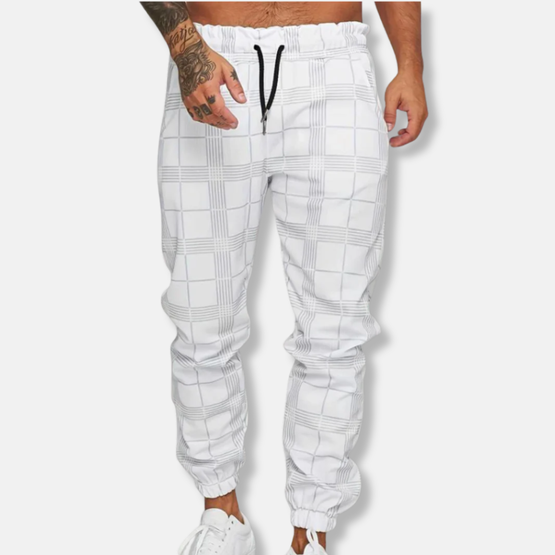 Homme Pantalon - Coton Mélangé - Coupe Slim - Taille Élastique - Carreaux