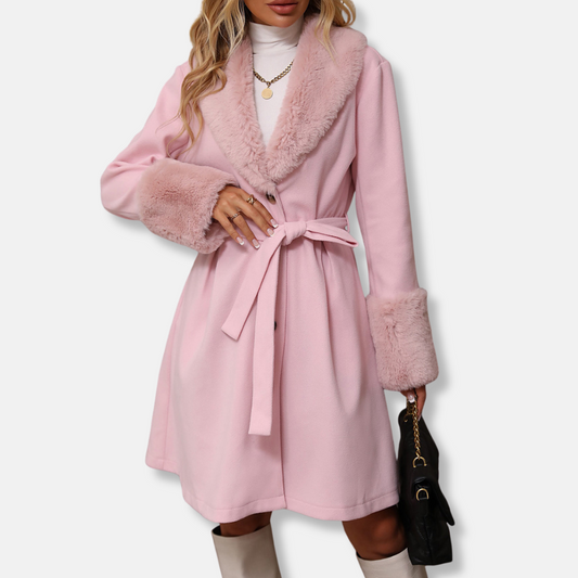 Manteau trench femme – Coupe cintrée – Col et poignets en fourrure – Ceinture ajustable