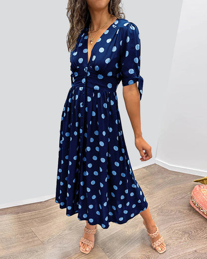 Robe Midi Femme – Coupe Évasée – Col V – Manches Courtes à Nouer – Boutonnée Devant – Motif Pois